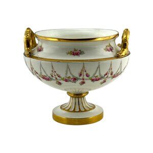 Antique Porcelain Pedestal Center Bowl Pink Roses Garland Gilded Cauldon ?